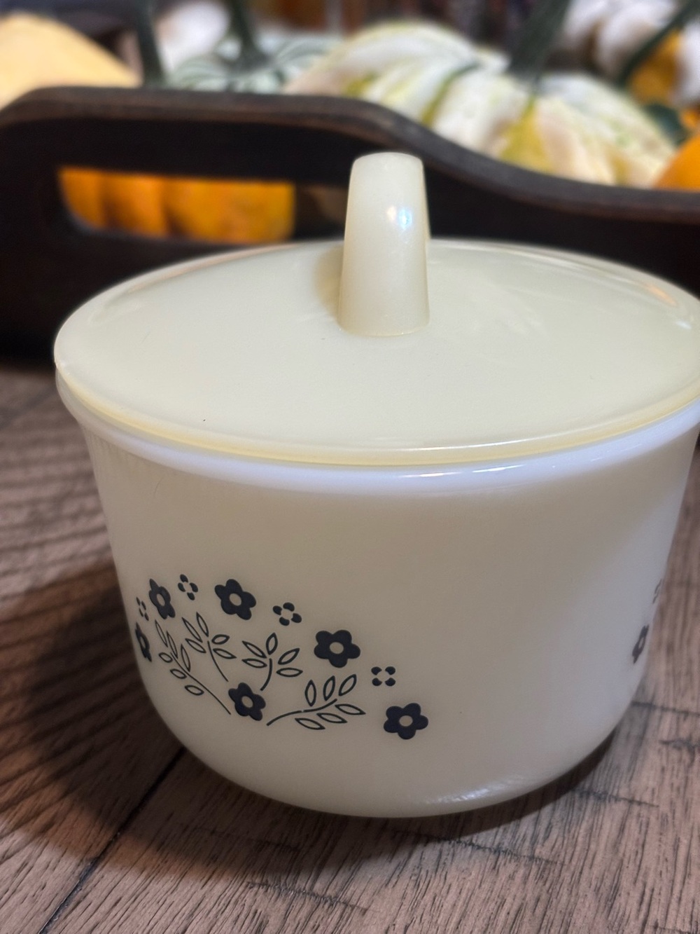 Pyrex White Ceramic Canister with Blue Floral Band and Yellow Rim